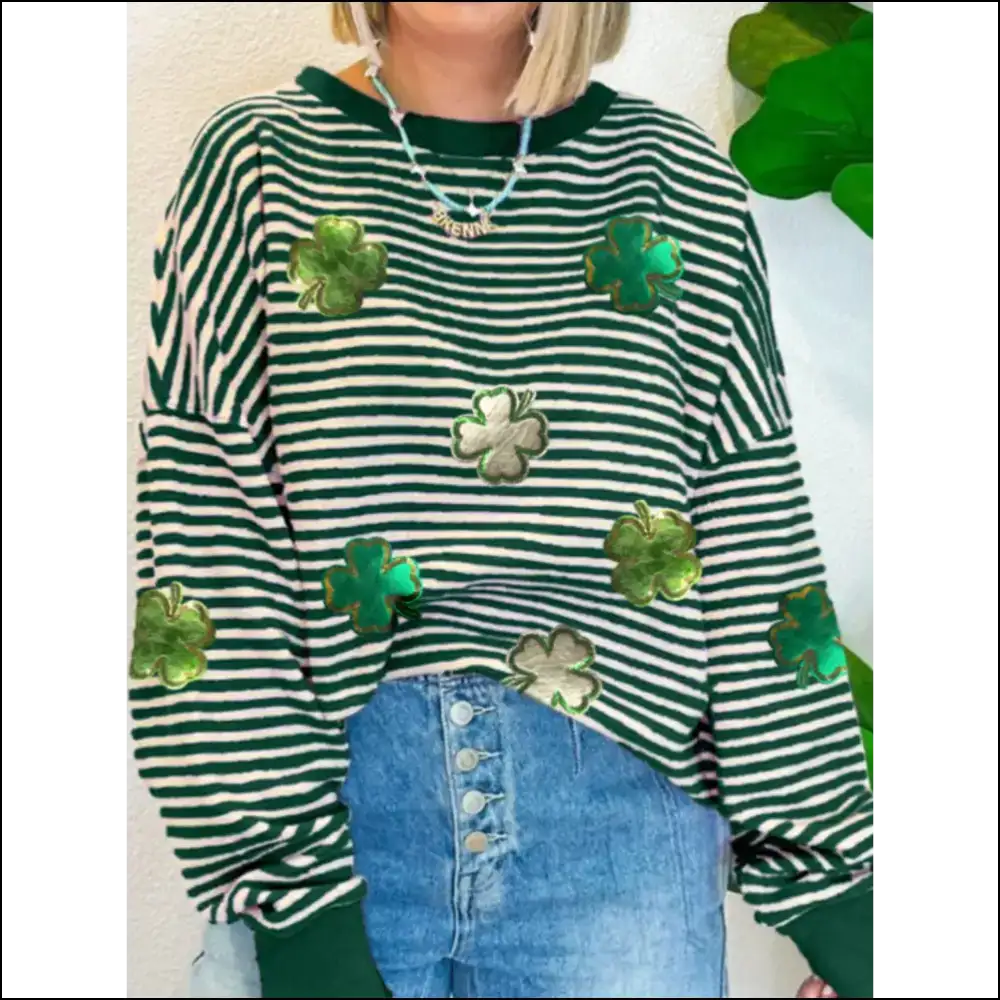 Lucky Clover Stripe Drop Shoulder Sweatshirt - Sweatshirts & Hoodies on Sale Worldwide Shipping