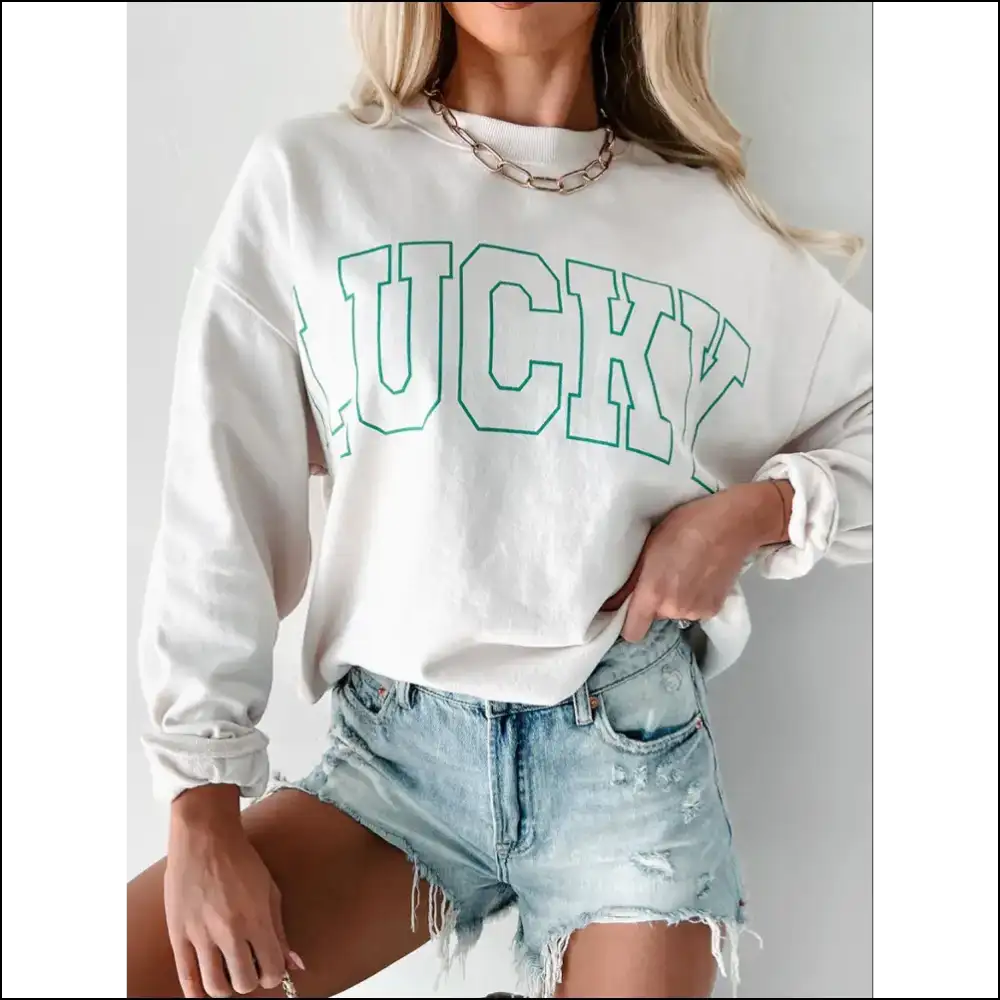 Lucky Graphic Round Neck Long Sleeve Sweatshirt - White / 2xl - Sweatshirts & Hoodies on Sale Worldwide Shipping