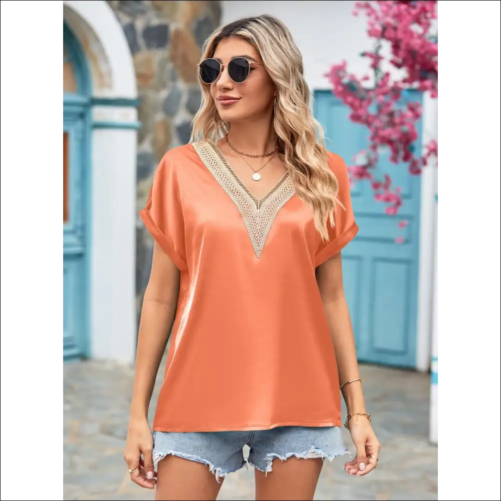 Mandy V-neck Cuffed Blouse - Effortlessly Chic - Tangerine / 2xl - Blouses on Sale Worldwide Shipping
