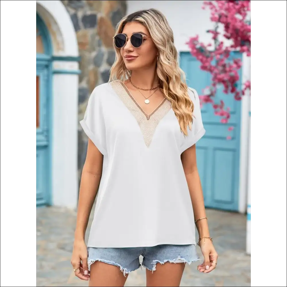 Mandy V-neck Cuffed Blouse - Effortlessly Chic - White / l - Blouses on Sale Worldwide Shipping
