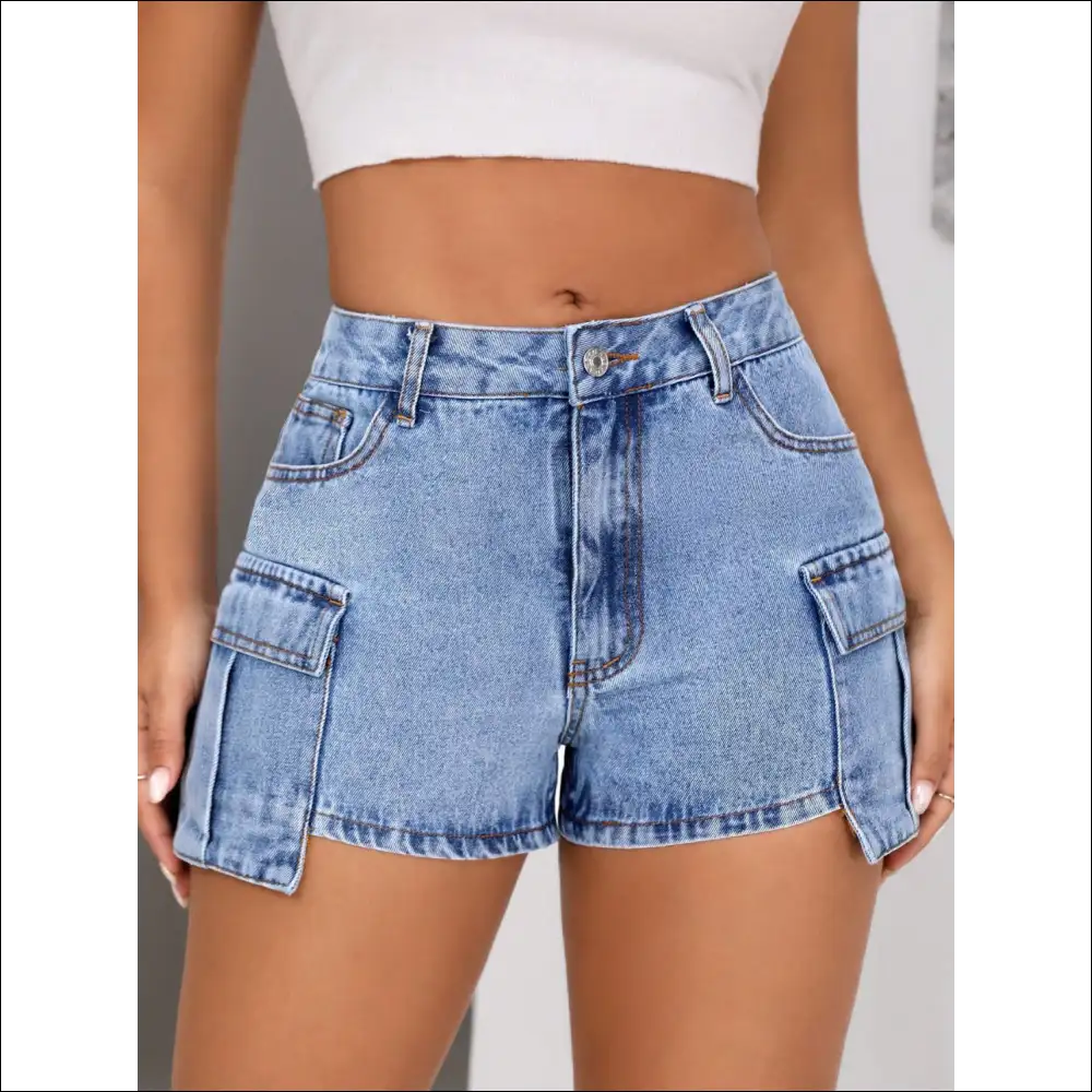 Chic Mid-rise Denim Shorts with Pockets - on Sale Worldwide Shipping