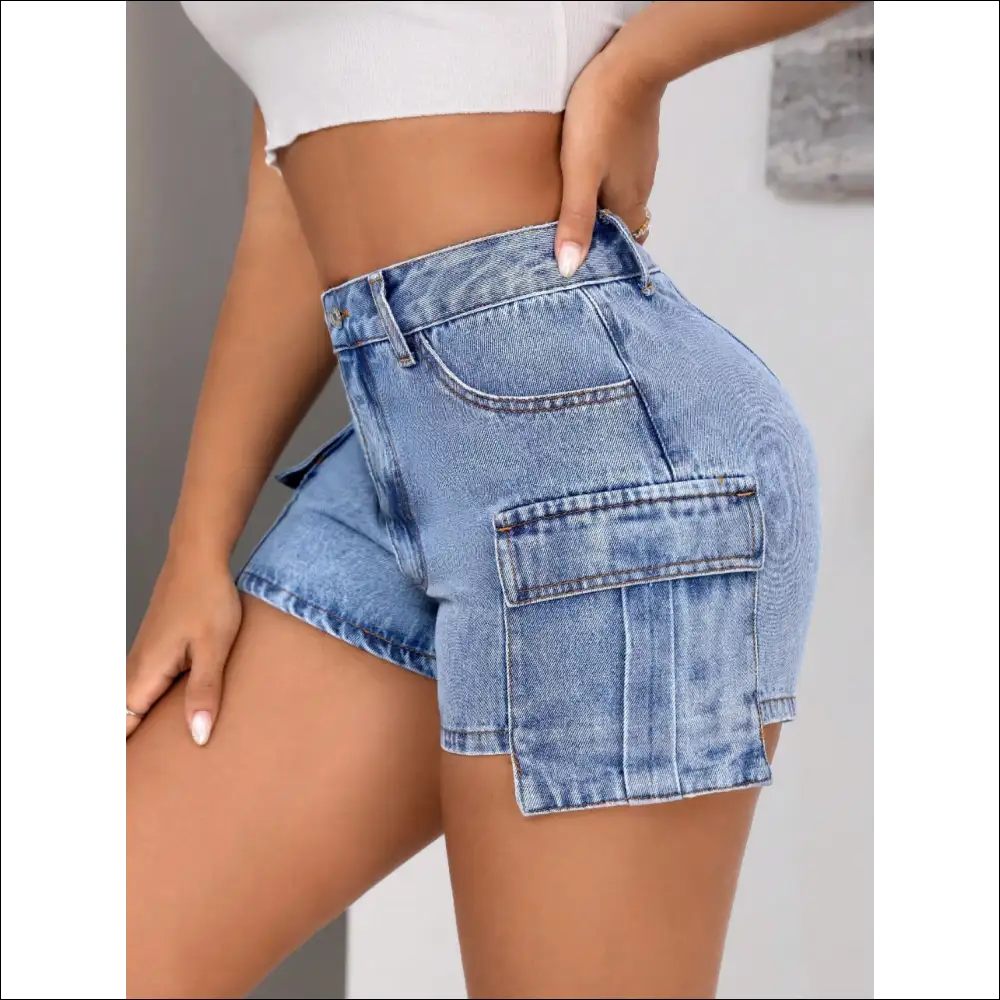 Chic Mid-rise Denim Shorts with Pockets - on Sale Worldwide Shipping