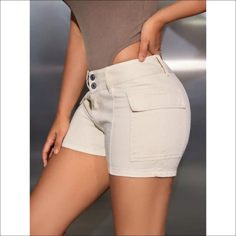 Chic Mid-rise Denim Shorts with Pockets - on Sale Worldwide Shipping