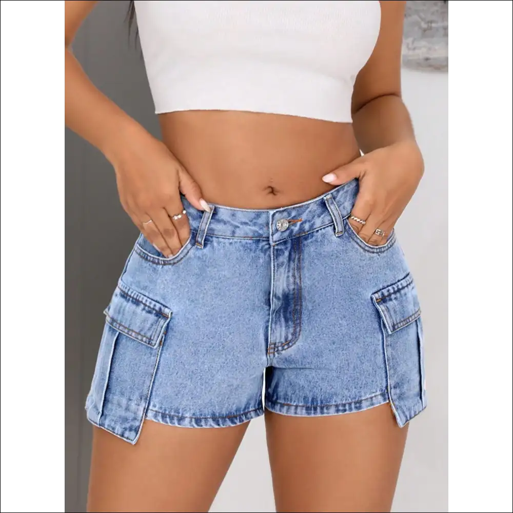 Chic Mid-rise Denim Shorts with Pockets - on Sale Worldwide Shipping