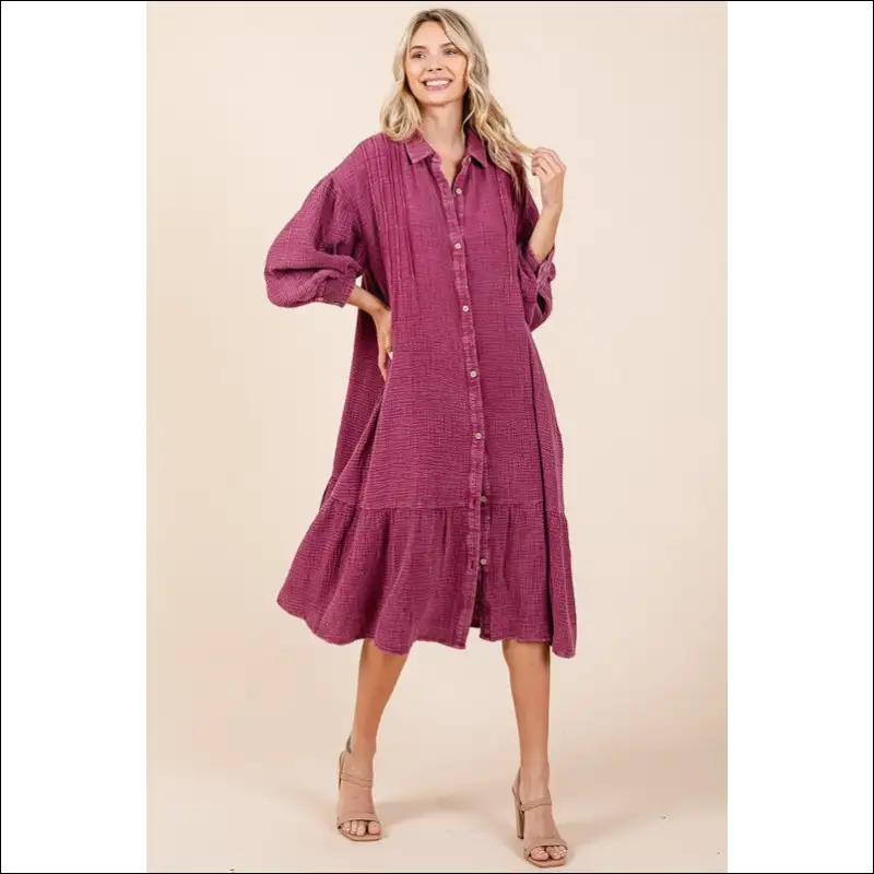 Chic Mineral Wash Ruffle Midi Shirt Dress - Purple / S/m - Dresses on Sale Worldwide Shipping