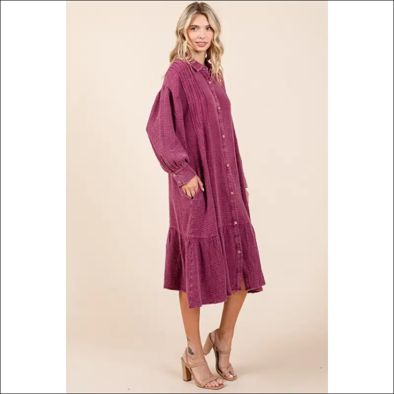 Chic Mineral Wash Ruffle Midi Shirt Dress - Dresses on Sale Worldwide Shipping