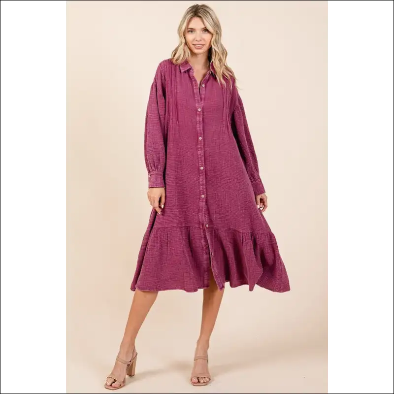 Chic Mineral Wash Ruffle Midi Shirt Dress - Dresses on Sale Worldwide Shipping