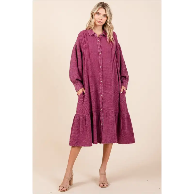 Chic Mineral Wash Ruffle Midi Shirt Dress - Dresses on Sale Worldwide Shipping