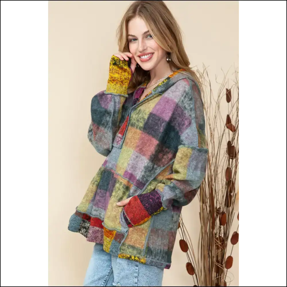 Multicolor Brushed Check Henley Hoodie: Cozy Kangaroo Pocket Perfection from Needful Things π - Sweatshirts & Hoodies on Sale Worldwide