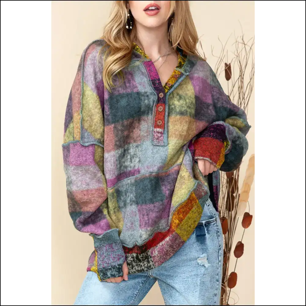 Multicolor Brushed Check Henley Hoodie: Cozy Kangaroo Pocket Perfection from Needful Things π - s - Sweatshirts & Hoodies on Sale Worldwide
