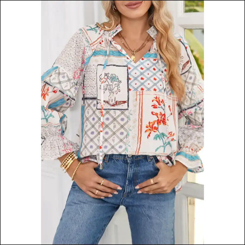 Multicolour Floral Plaid Puff Sleeve Blouse Fashionista Fuel - Blouses on Sale Worldwide Shipping