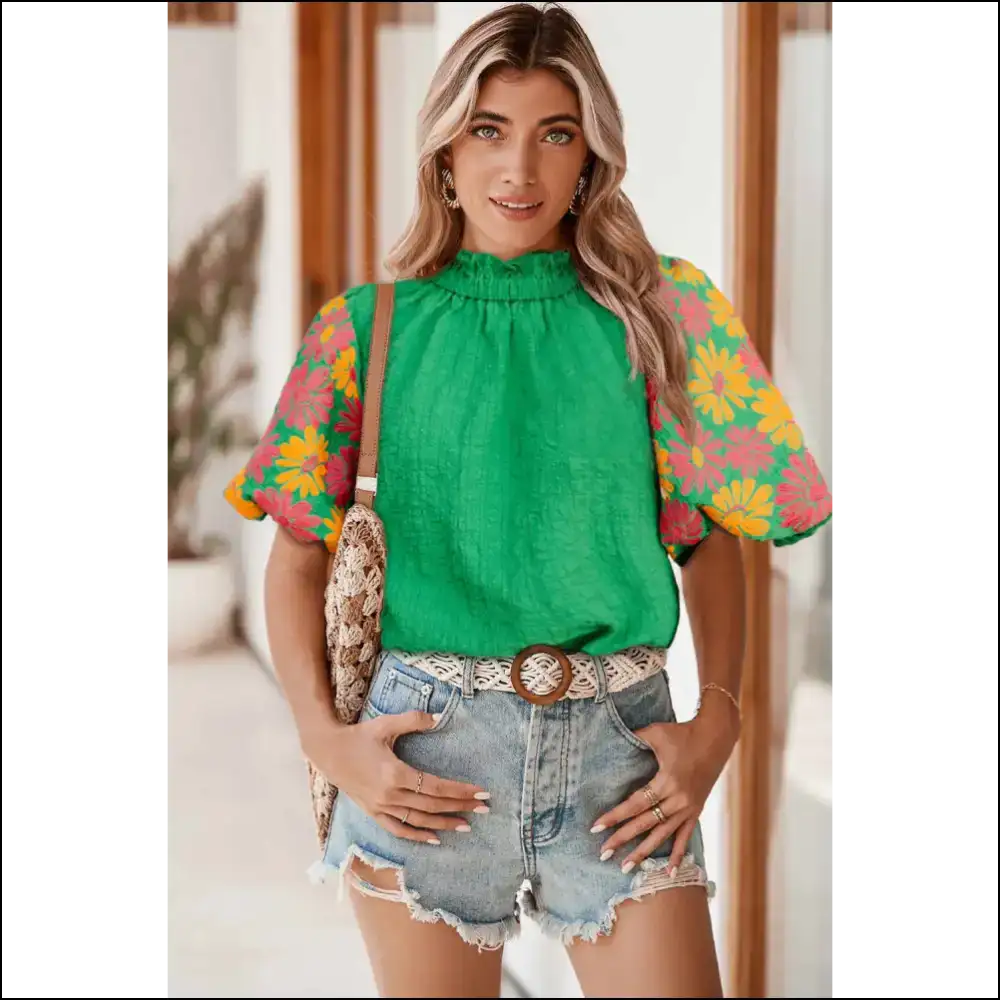 Myosotis Floral Puff Sleeve Blouse you Need - Bright Green / s - Blouses on Sale Worldwide Shipping
