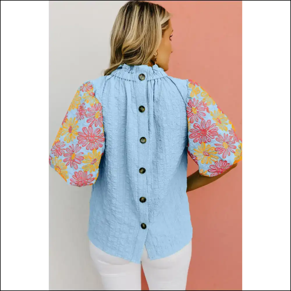 Myosotis Floral Puff Sleeve Blouse you Need - Blouses on Sale Worldwide Shipping