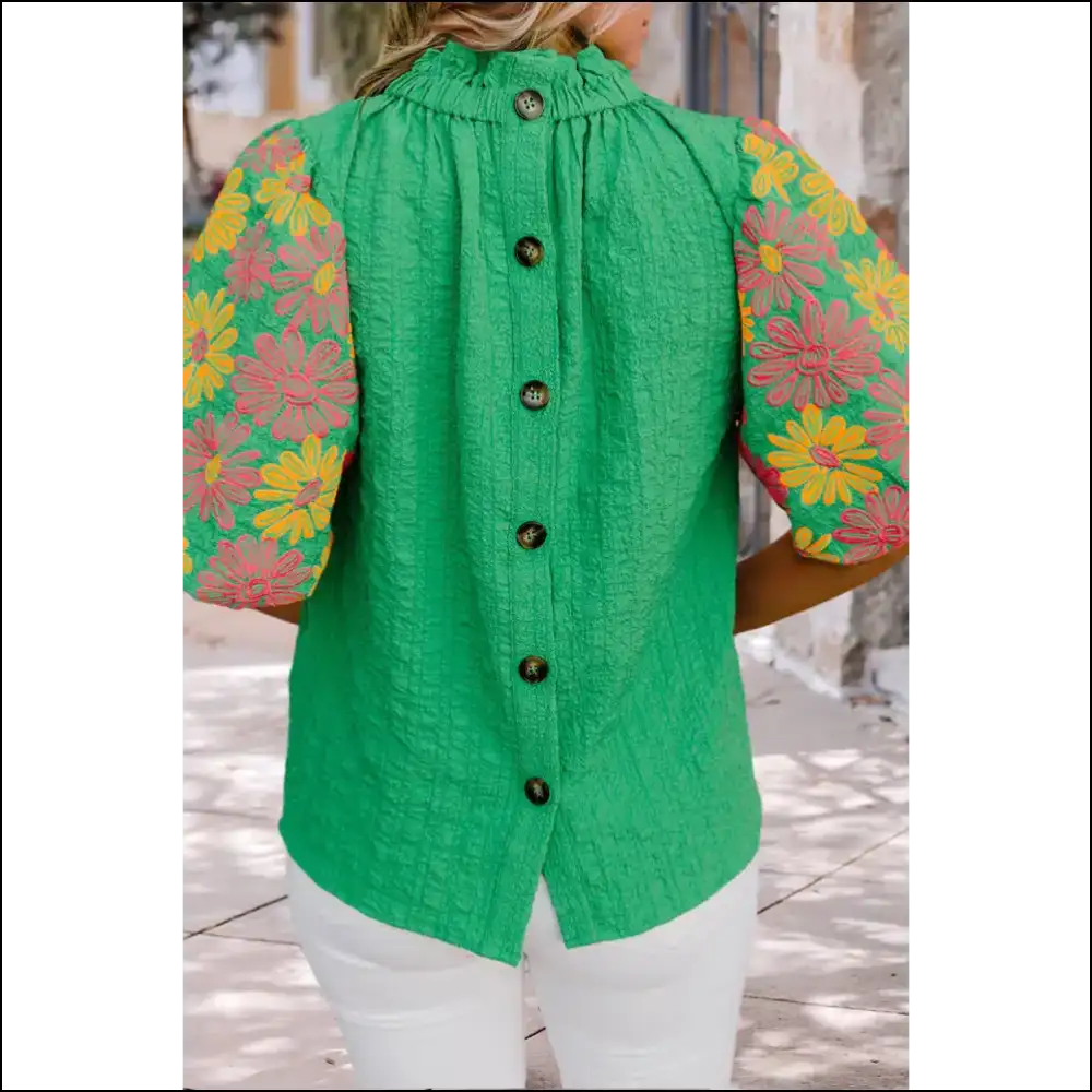 Myosotis Floral Puff Sleeve Blouse you Need - Blouses on Sale Worldwide Shipping