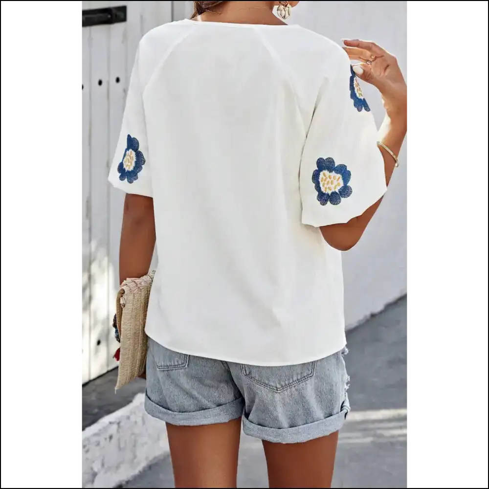 Navy Blue Embroidered Flower Power: Bloom Baby Bloom! ๐ธ Needful Things - Blouses on Sale Worldwide Shipping