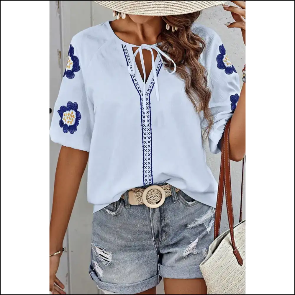 Navy Blue Embroidered Flower Power: Bloom Baby Bloom! ๐ธ Needful Things - Blouses on Sale Worldwide Shipping