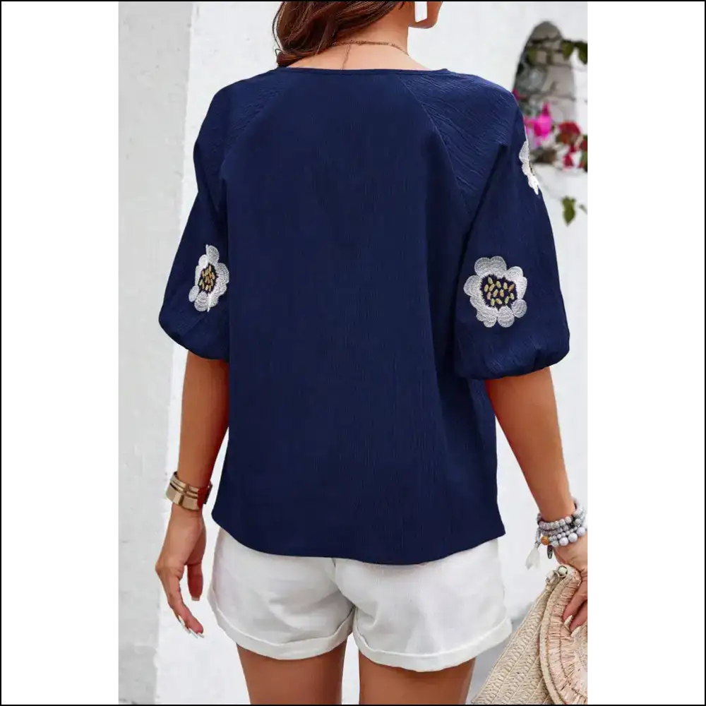 Navy Blue Embroidered Flower Power: Bloom Baby Bloom! ๐ธ Needful Things - Blouses on Sale Worldwide Shipping