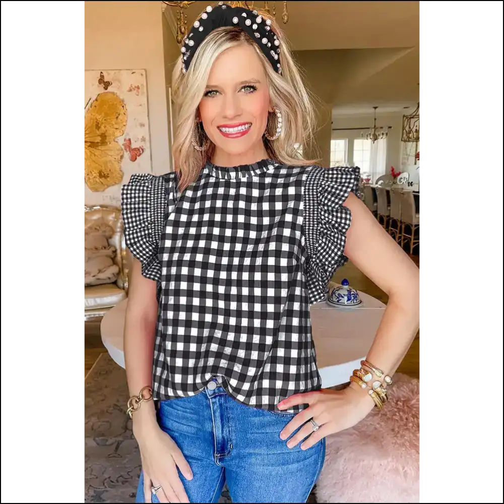 Needful Things: Black Checkered Ruffled Blouse β Bow Down Bitches π - Blouses on Sale Worldwide Shipping