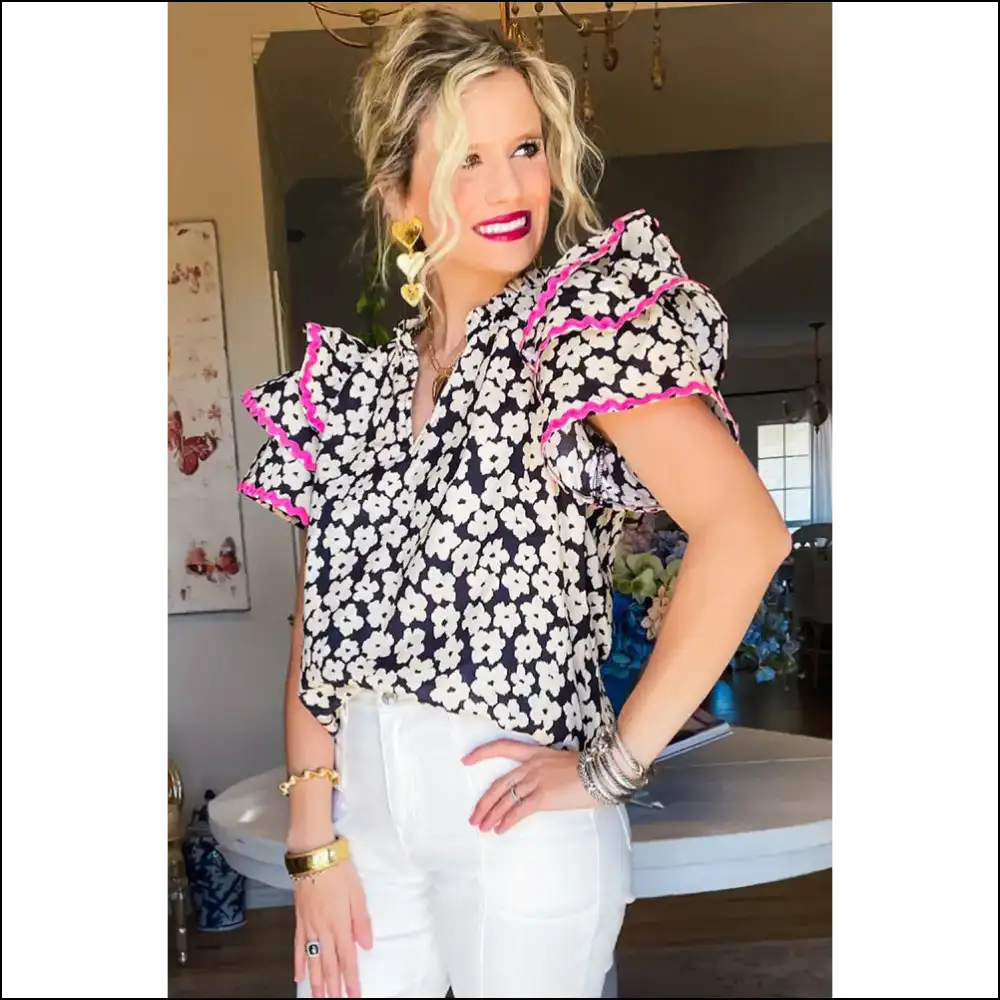 Needful Things: Black Contrast Floral Blouse - Unleash your Inner Goddess ๐ - Blouses on Sale Worldwide Shipping