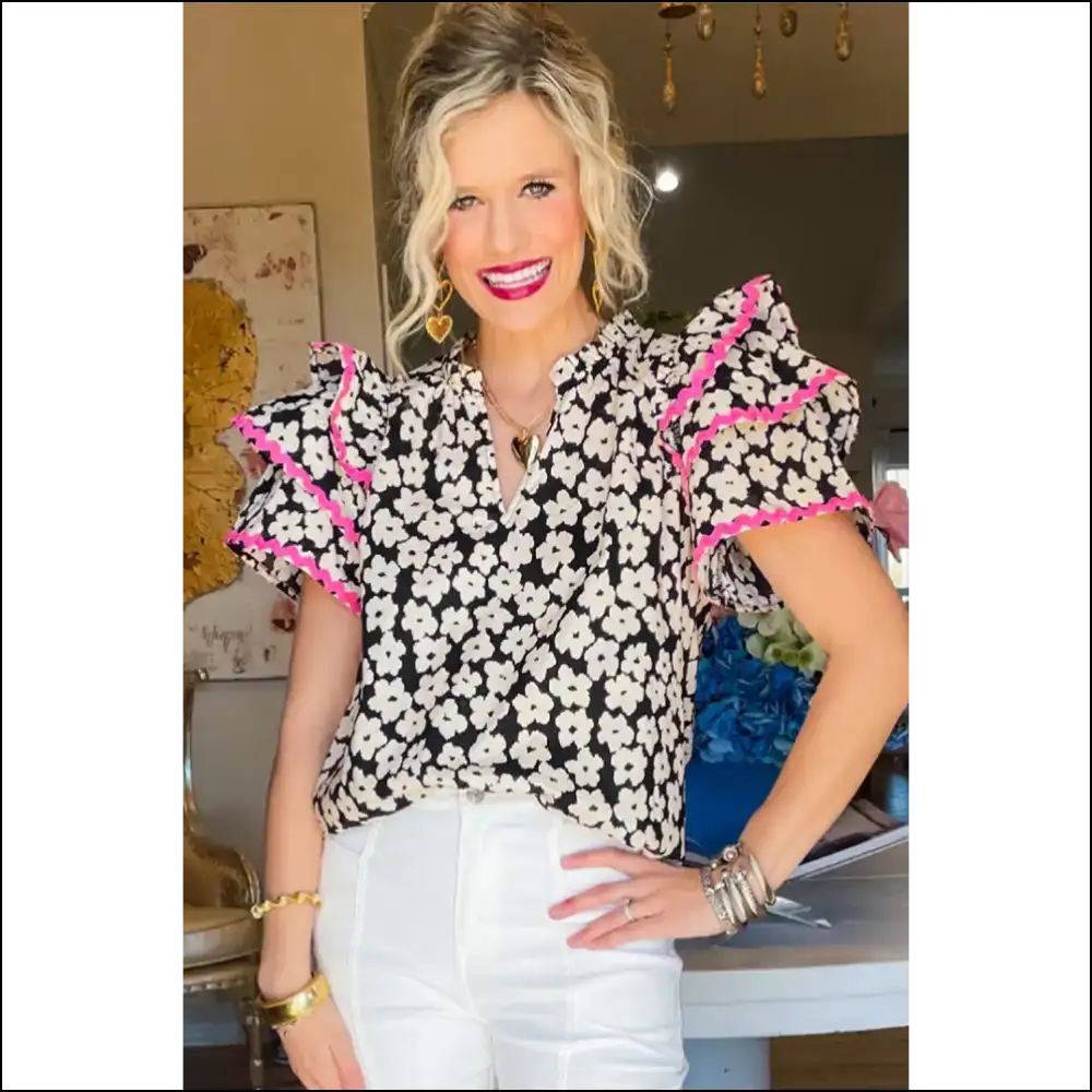 Needful Things: Black Contrast Floral Blouse - Unleash your Inner Goddess ๐ - Blouses on Sale Worldwide Shipping