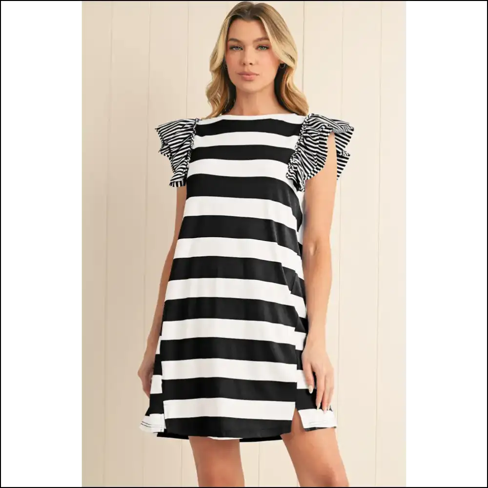 Needful Things: Black Stripe Ruffled Sleeve Dress - your New Bff π - s - Short Dresses on Sale Worldwide Shipping