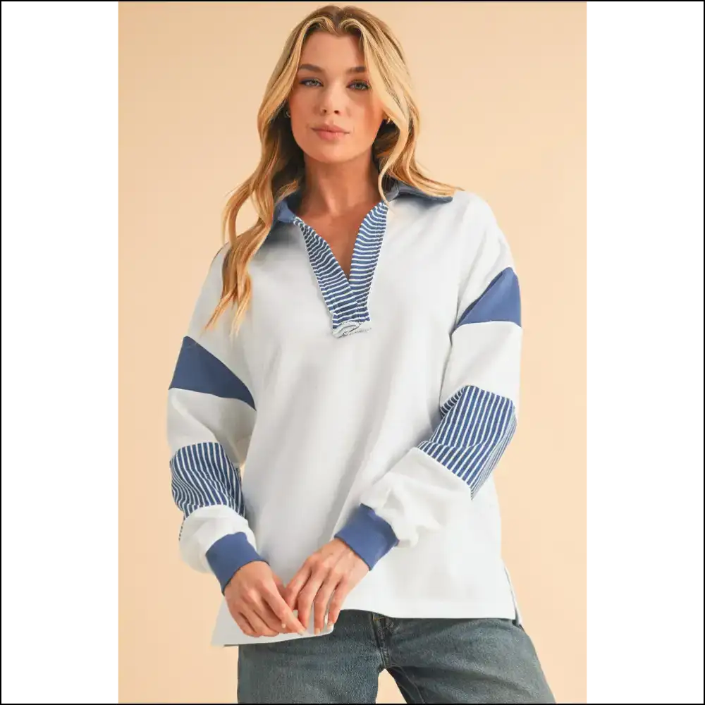 Needful Things: Blue Striped Patchwork Sweatshirt - Wardrobe Savior 🦸♀️ - Light French Beige / s - Sweatshirts & Hoodies on Sale Worldwide