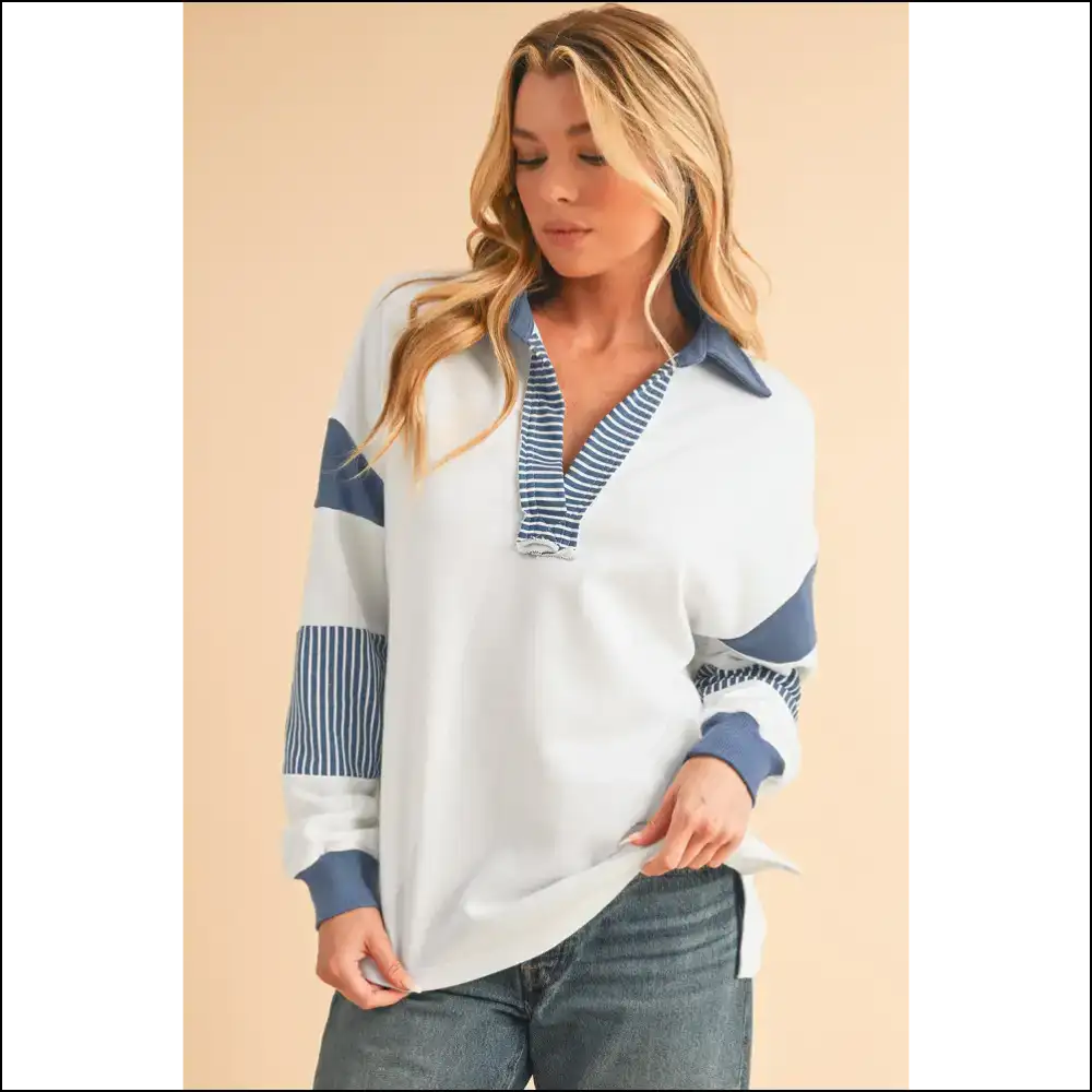 Needful Things: Blue Striped Patchwork Sweatshirt - Wardrobe Savior 🦸♀️ - Sweatshirts & Hoodies on Sale Worldwide Shipping