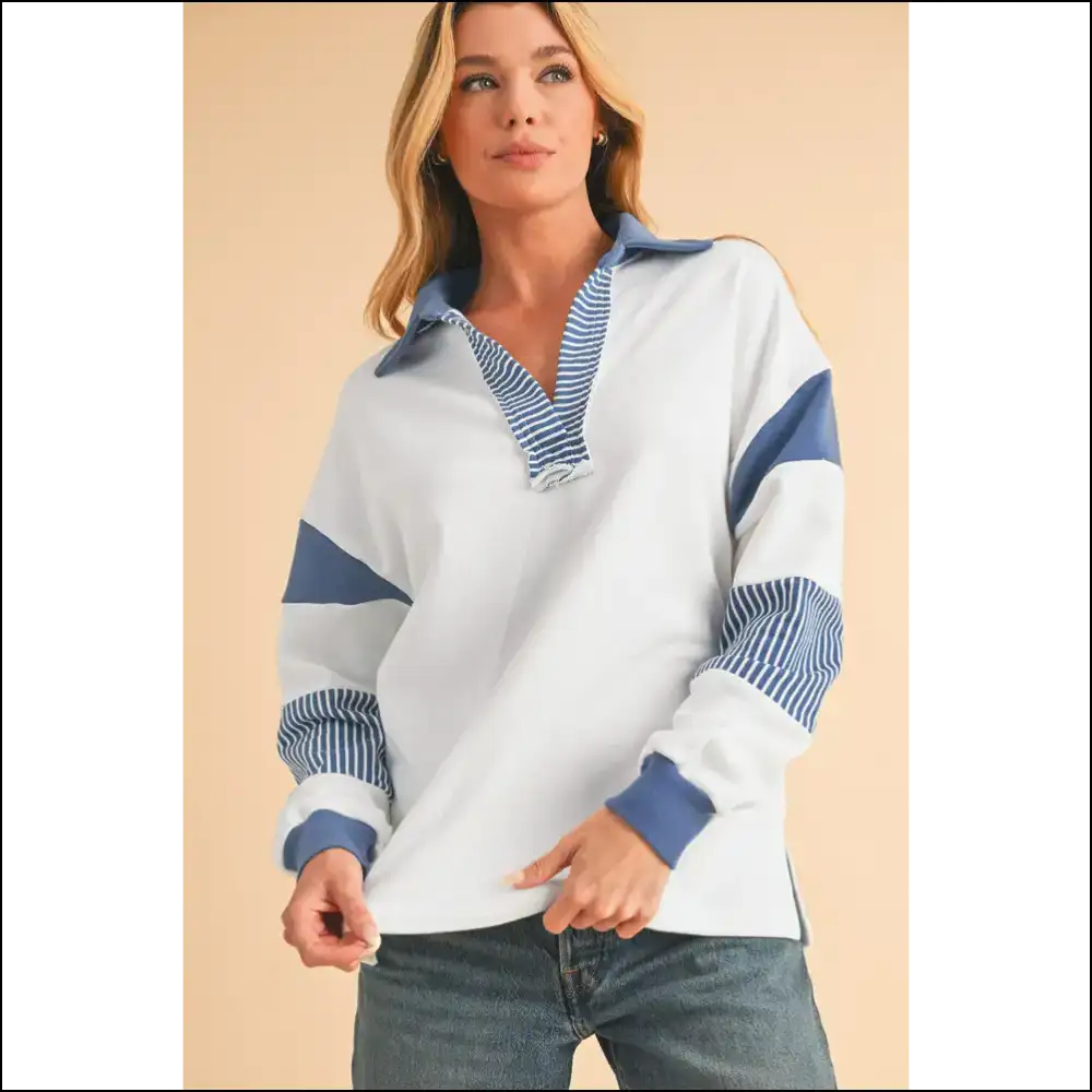 Needful Things: Blue Striped Patchwork Sweatshirt - Wardrobe Savior 🦸♀️ - Sweatshirts & Hoodies on Sale Worldwide Shipping