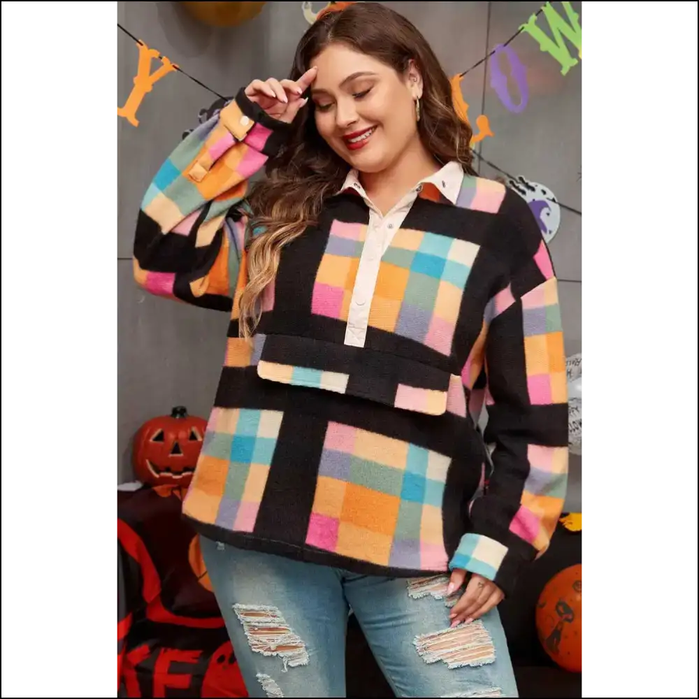 Needful Things: Checkered Sherpa Henley Cozy! Plus Size Black - Tops on Sale Worldwide Shipping