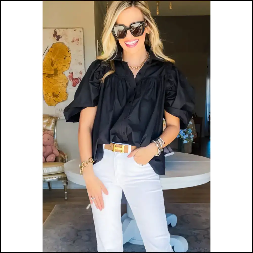 Needful Things Chic Black Ruched Puff Sleeve Wardrobe Wingman - Blouses on Sale Worldwide Shipping