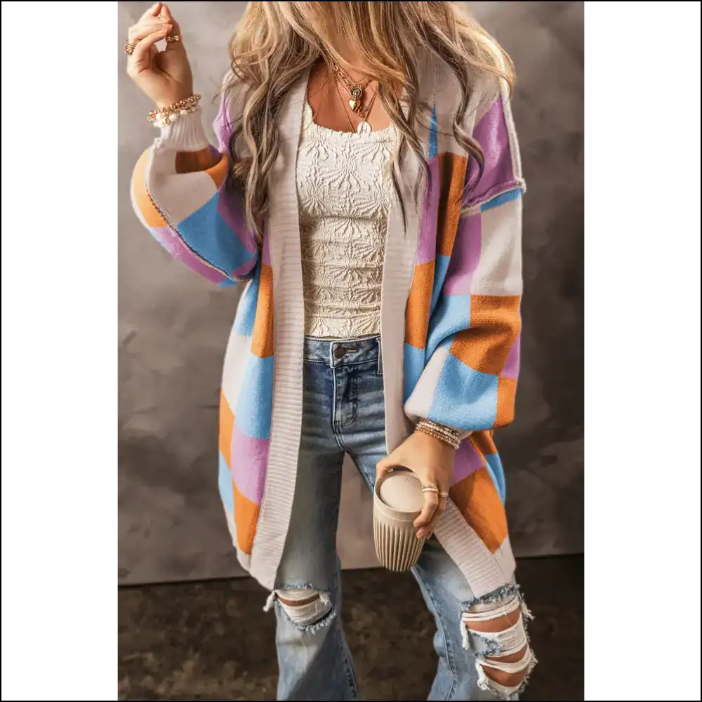 Needful Things: Chic Orange Checkered Cardigan! π₯π Check Yourself! - Light Blue / Xs - Cardigans on Sale Worldwide Shipping