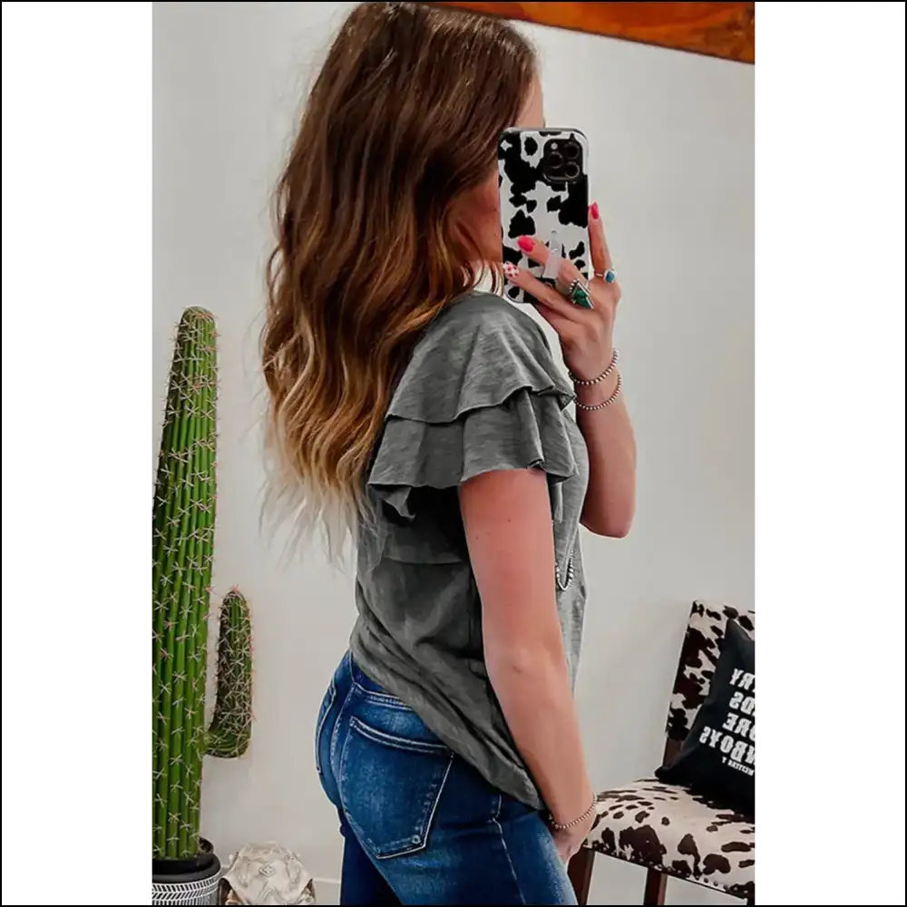 Needful Things Dark Grey Ruffle Sleeve Blouse Wardrobe Savior - Blouses on Sale Worldwide Shipping