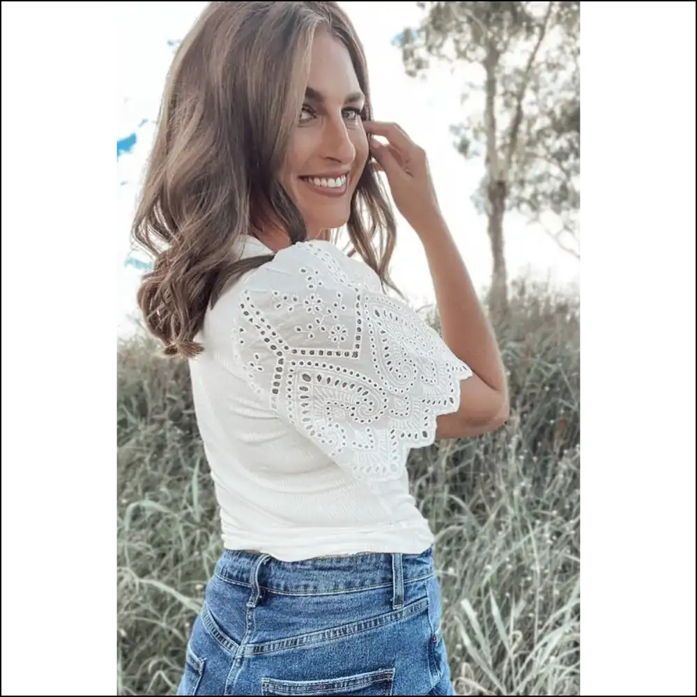 Needful Things Eyelet Puff Sleeve Top Instant Chic White Upgrade - Blouses on Sale Worldwide Shipping
