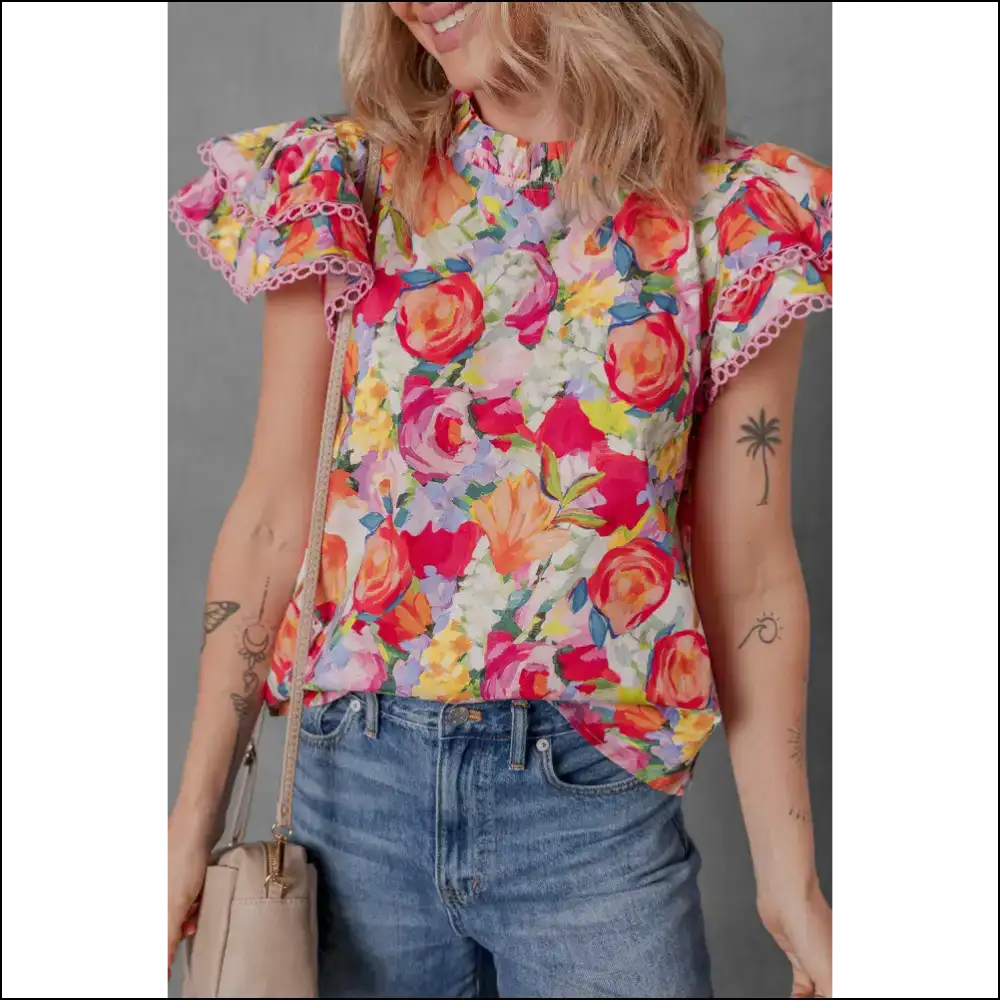 Needful Things: from Blah to Blossom! 🌸 Floral Lace Trim Ruffle - Multicolour / s - Blouses on Sale Worldwide Shipping