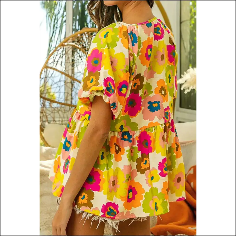 Needful Things: Green Floral Puff Sleeve Peplum - so Fetch! 🌼 you Fabulous! - Blouses on Sale Worldwide Shipping