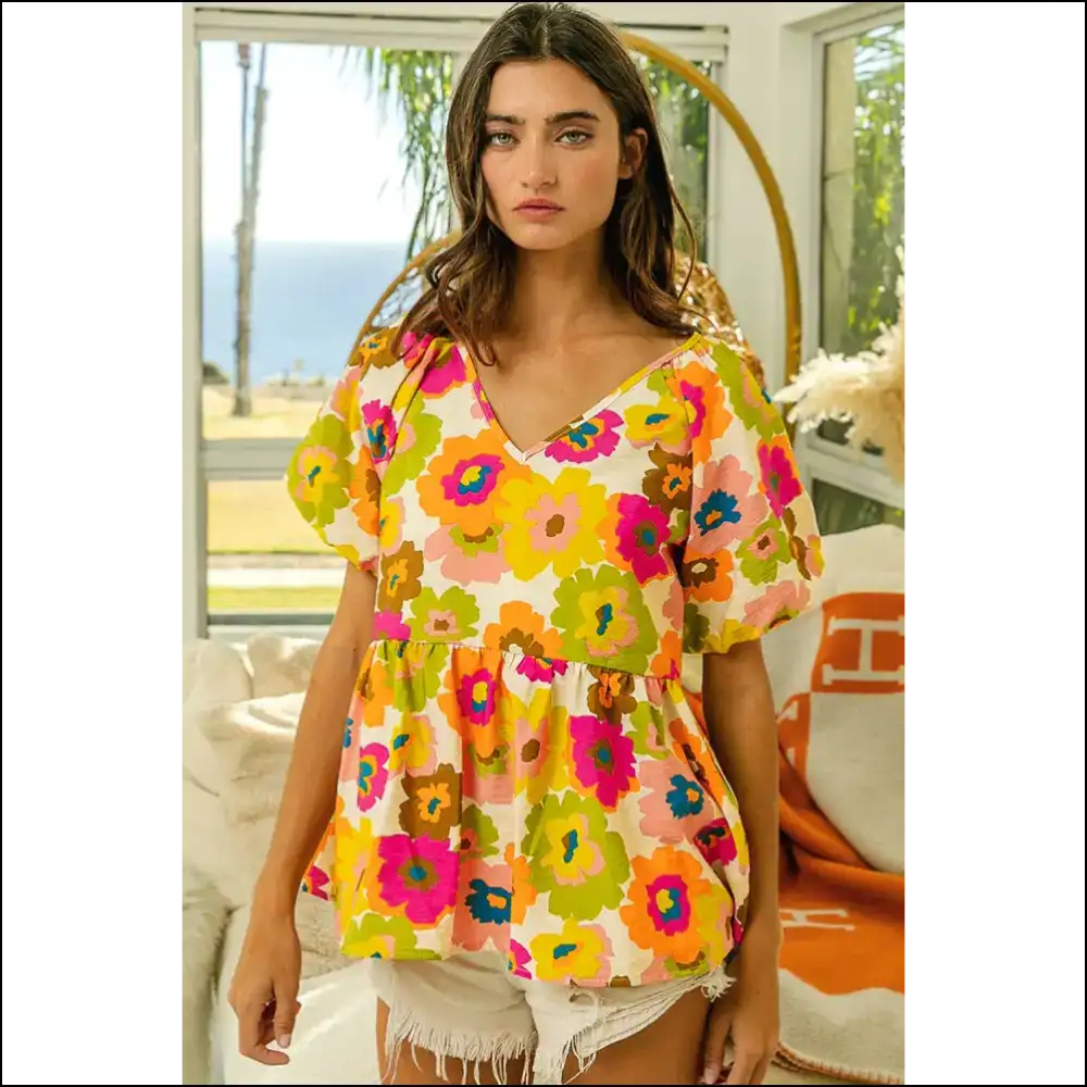 Needful Things: Green Floral Puff Sleeve Peplum - so Fetch! 🌼 you Fabulous! - Blouses on Sale Worldwide Shipping