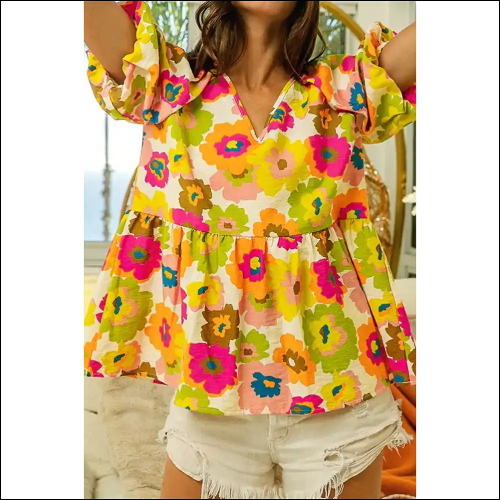 Needful Things: Green Floral Puff Sleeve Peplum - so Fetch! 🌼 you Fabulous! - s - Blouses on Sale Worldwide Shipping