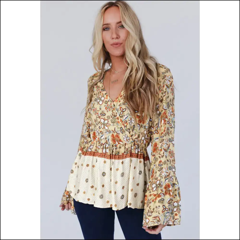 Needful Things: v Neck Bell Sleeve Floral! 🌼 Yellow Power! - Blouses on Sale Worldwide Shipping