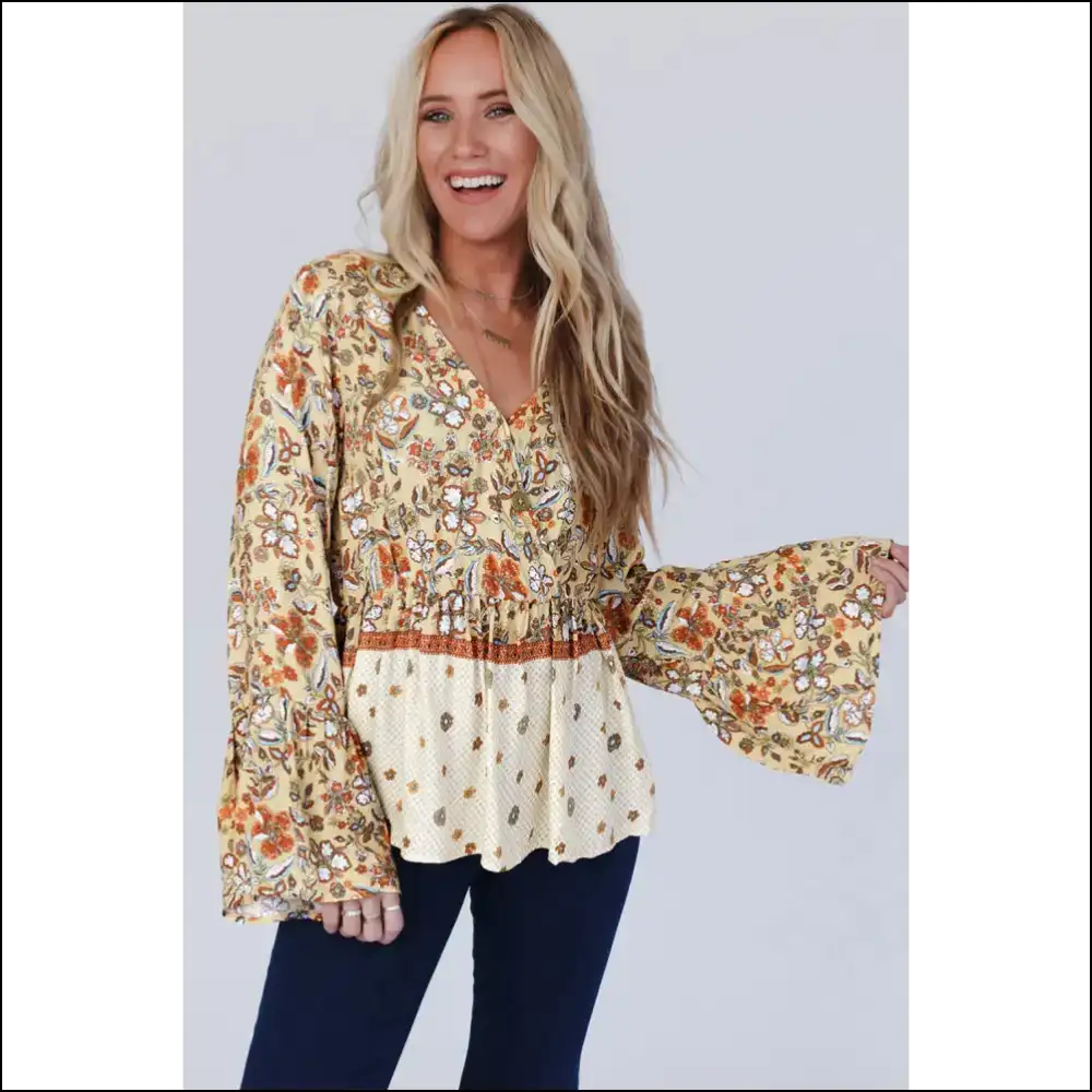 Needful Things: v Neck Bell Sleeve Floral! 🌼 Yellow Power! - Blouses on Sale Worldwide Shipping