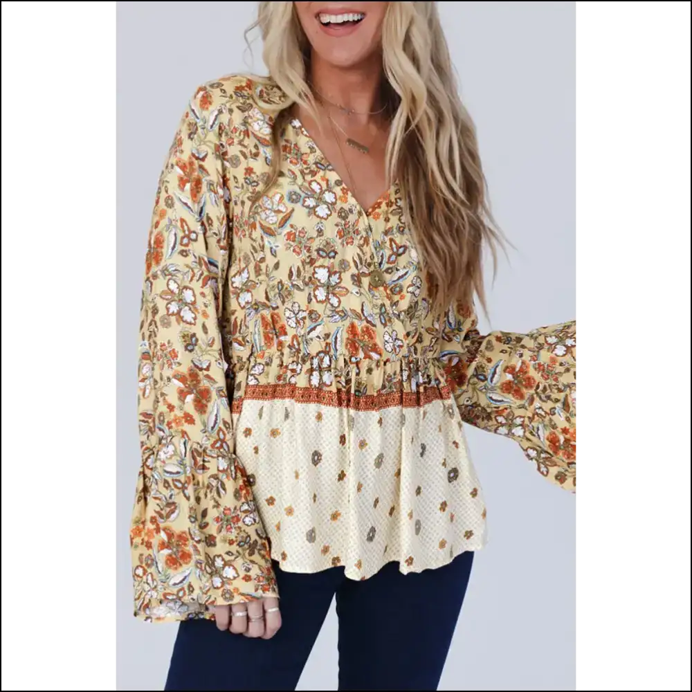 Needful Things: v Neck Bell Sleeve Floral! 🌼 Yellow Power! - s - Blouses on Sale Worldwide Shipping
