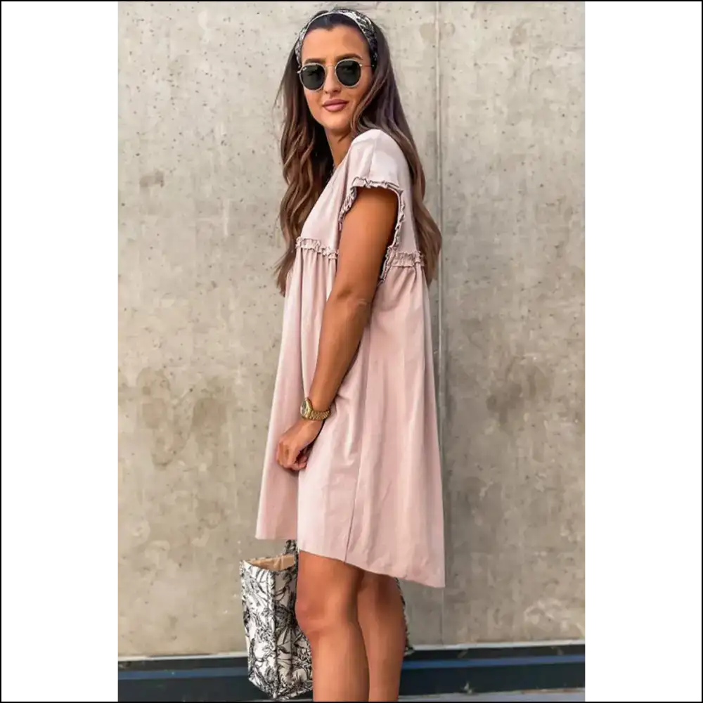 Oatmeal Frilled Trim Dress: Dress Like you Own Needful Things π - Short Dresses on Sale Worldwide Shipping