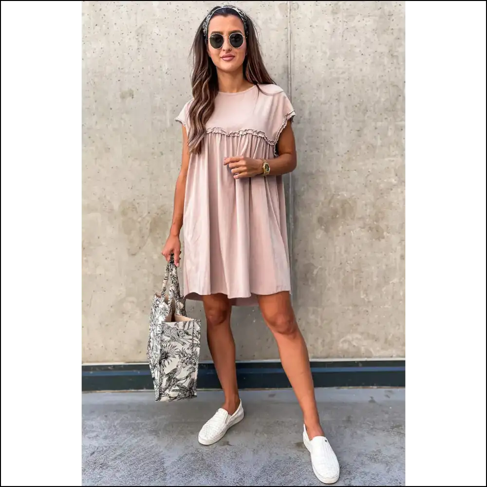Oatmeal Frilled Trim Dress: Dress Like you Own Needful Things π - Short Dresses on Sale Worldwide Shipping