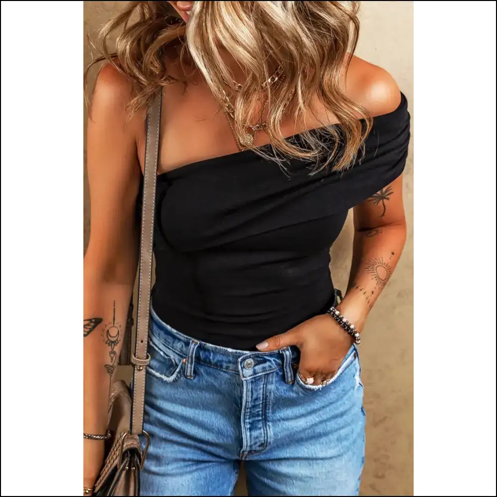 One Shoulder Pleated Bodysuit: Slay Queen (needful Things Made me do It) π - Bodysuit on Sale Worldwide Shipping