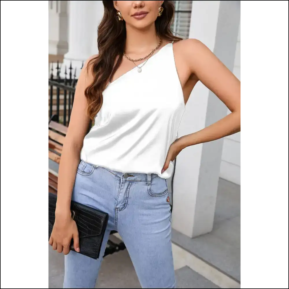 One Shoulder Wonder: your Needful Thing for Chic Sleeveless Shenanigans! π - White / s - Tank Tops on Sale Worldwide Shipping