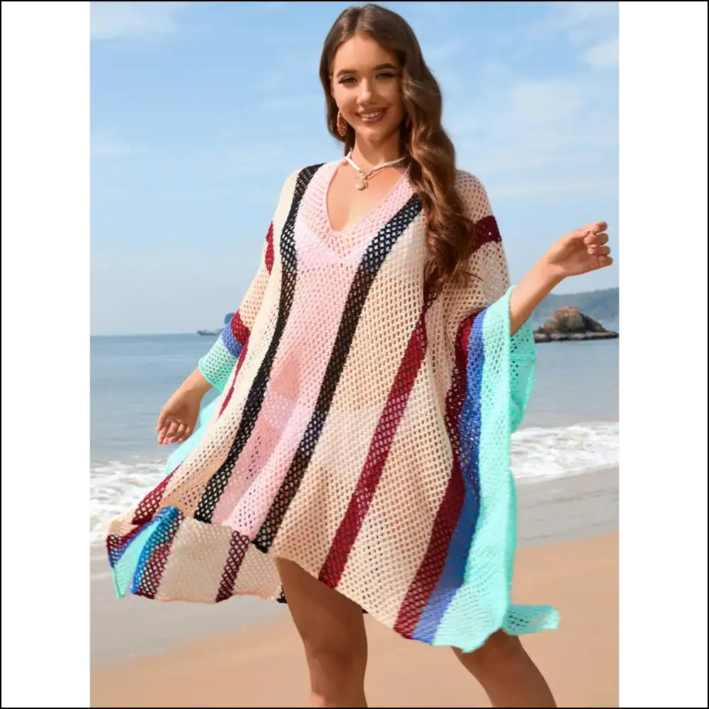 Openwork Color Block Plunge Cover-up - Khaki / one Size - Cover-ups Swimwear on Sale Worldwide Shipping