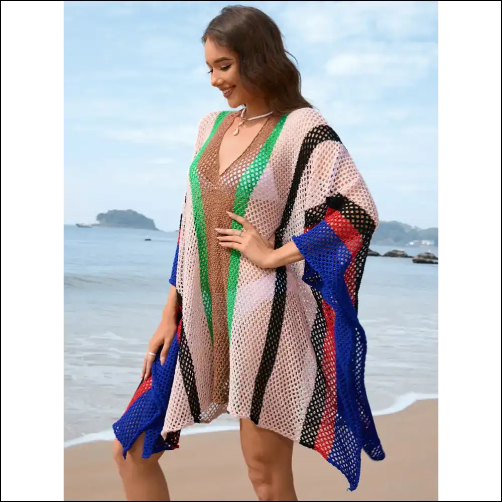 Openwork Color Block Plunge Cover-up - Cover-ups Swimwear on Sale Worldwide Shipping