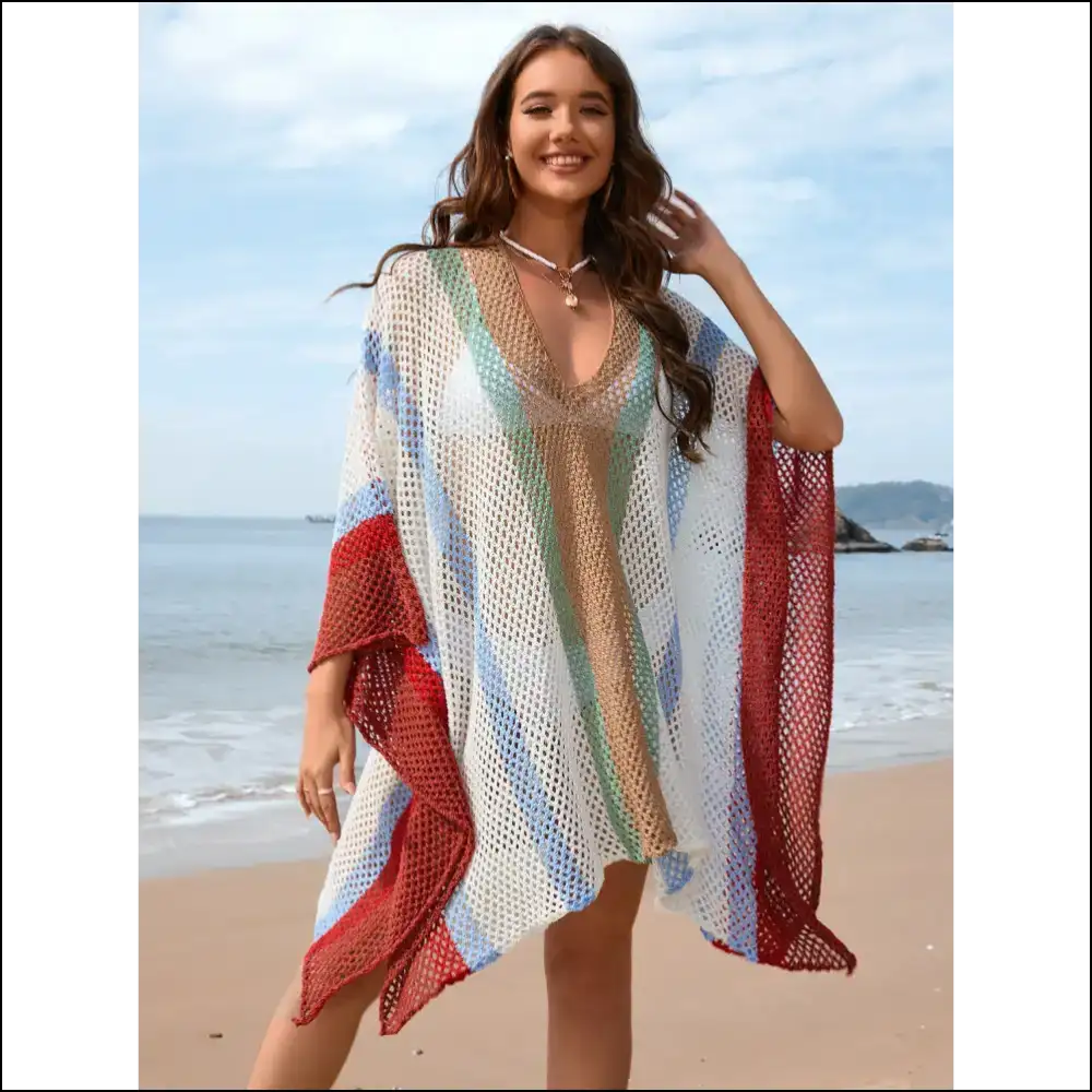 Openwork Color Block Plunge Cover-up - Cover-ups Swimwear on Sale Worldwide Shipping
