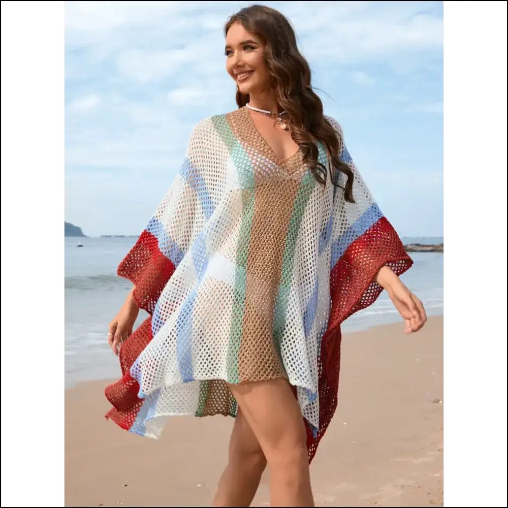 Openwork Color Block Plunge Cover-up - Cover-ups Swimwear on Sale Worldwide Shipping
