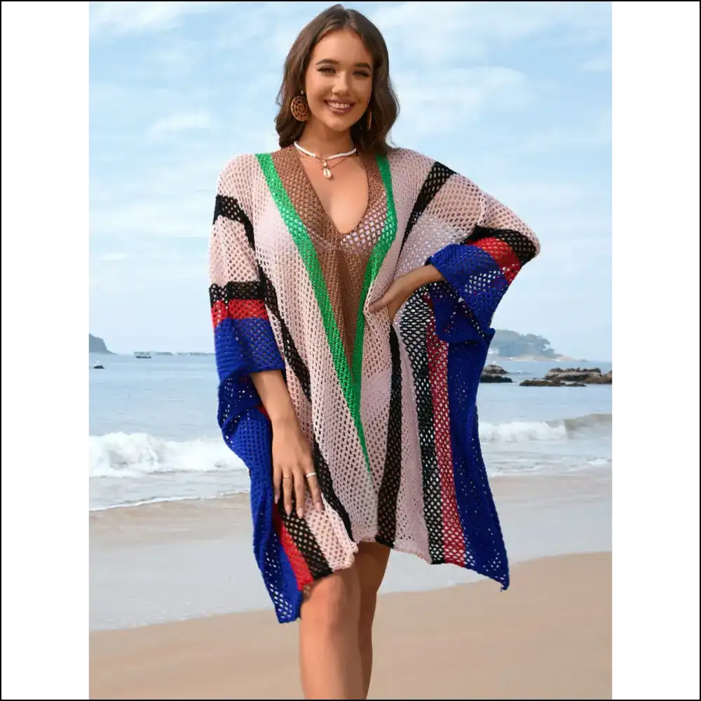 Openwork Color Block Plunge Cover-up - Cover-ups Swimwear on Sale Worldwide Shipping
