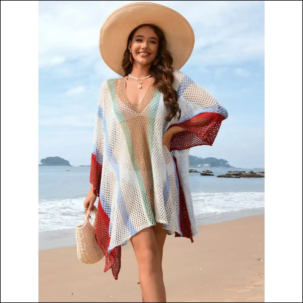 Openwork Color Block Plunge Cover-up - White / one Size - Cover-ups Swimwear on Sale Worldwide Shipping